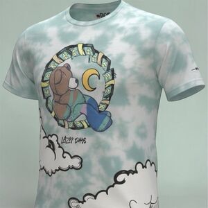 BKYS Lazy Days T-Shirt Unisex Adults L Blue Tie Dye Bear Moon Money Clouds